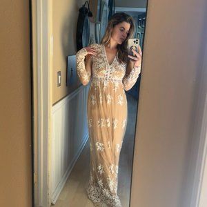 Vintage nude and white embroidered long sleeve dress